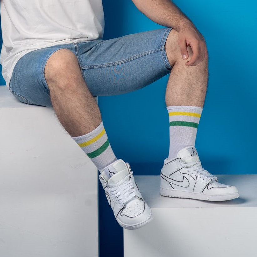 Basic white with yellow green strips socks