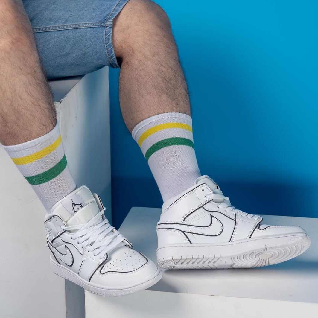 Basic white with yellow green strips socks