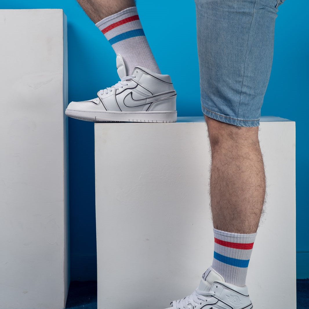 Basic white with red blue strips socks